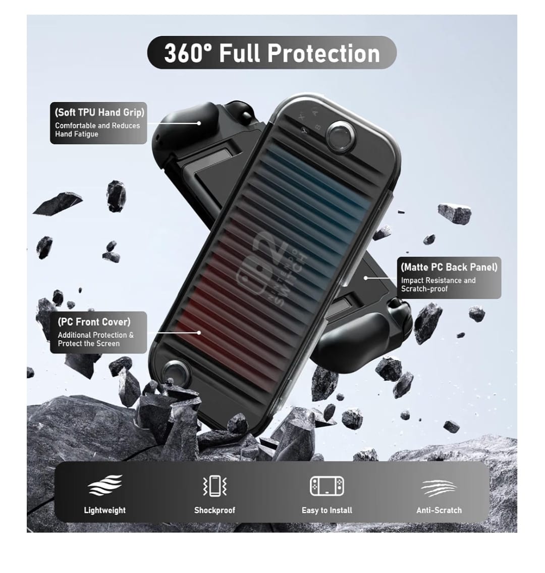 Layer diagram of the Nintendo Switch 2 protective case showing the front cover, hand grip and back panel