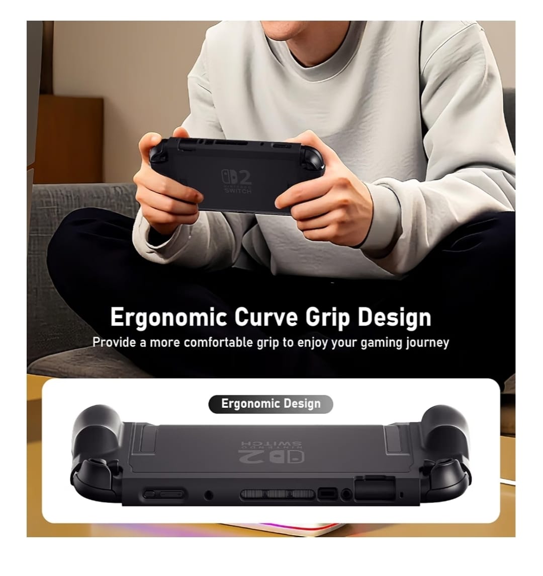 Person holding a Nintendo Switch 2 in the protective grip case, showing the contoured ergonomic grip