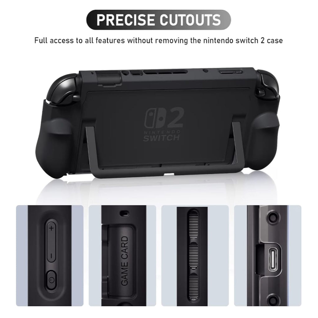 Switch 2 grip case cut-outs giving access to buttons and ports, with close-ups of the side and top openings