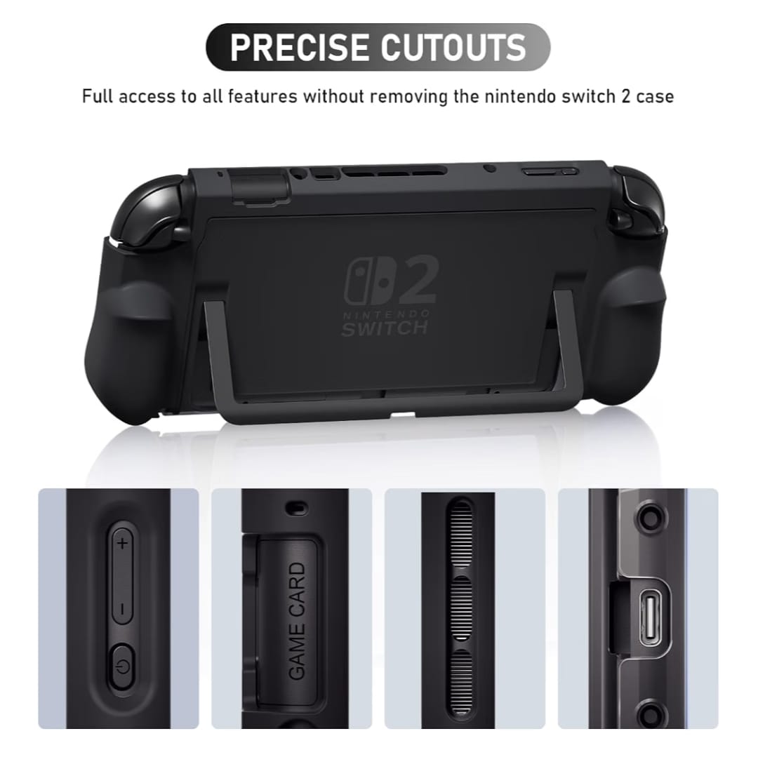 Switch 2 grip case cut-outs giving access to buttons and ports, with close-ups of the side and top openings