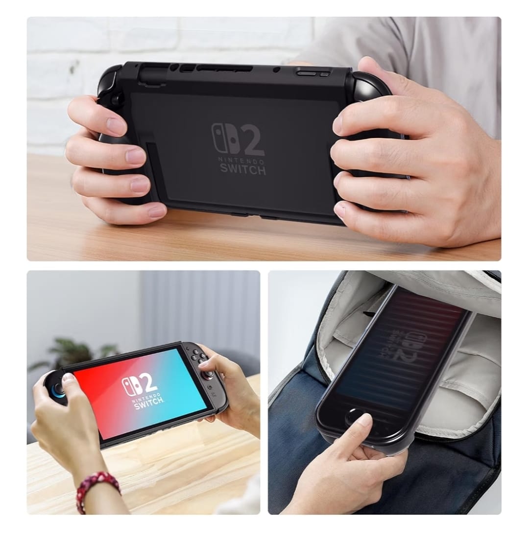 Nintendo Switch 2 in the protective grip case held in handheld mode and slipped into a bag with the cover on