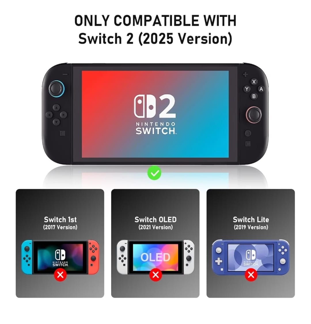 Compatibility chart: case fits Nintendo Switch 2 (2025) only, not the original Switch, Switch OLED or Switch Lite
