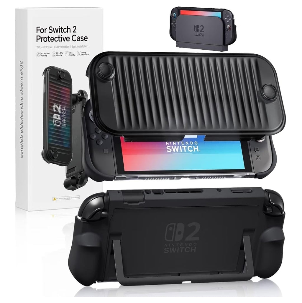Switch 2 grip case shown with the front cover fitted and removed, beside the retail box