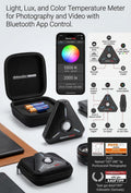 Datacolor LightColor Meter LCM200 with carry case, batteries and Bluetooth app showing 5500K colour temperature and 2000 lux