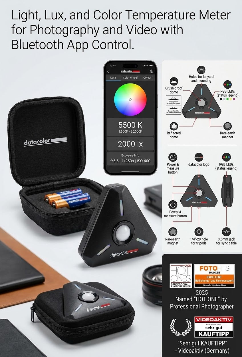 Datacolor LightColor Meter LCM200 with carry case, batteries and Bluetooth app showing 5500K colour temperature and 2000 lux