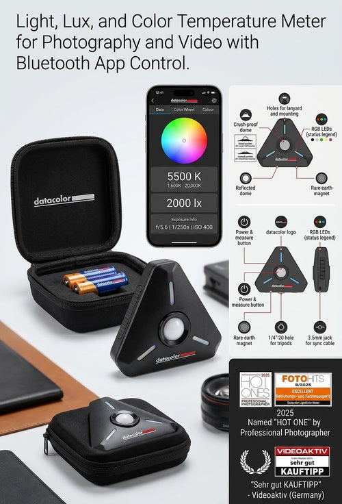 Datacolor LightColor Meter LCM200 with carry case, batteries and Bluetooth app showing 5500K colour temperature and 2000 lux