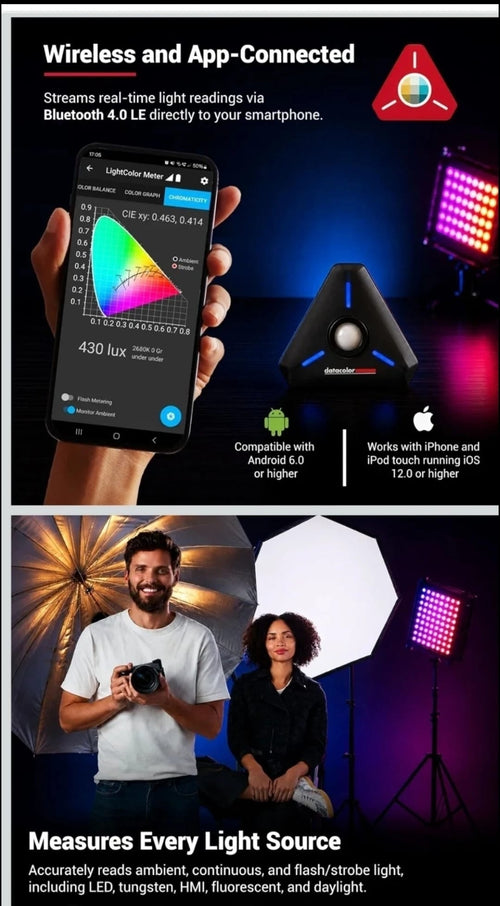 Datacolor LCM200 streams real-time light readings via Bluetooth to a phone app and measures LED, tungsten, HMI, fluorescent and daylight