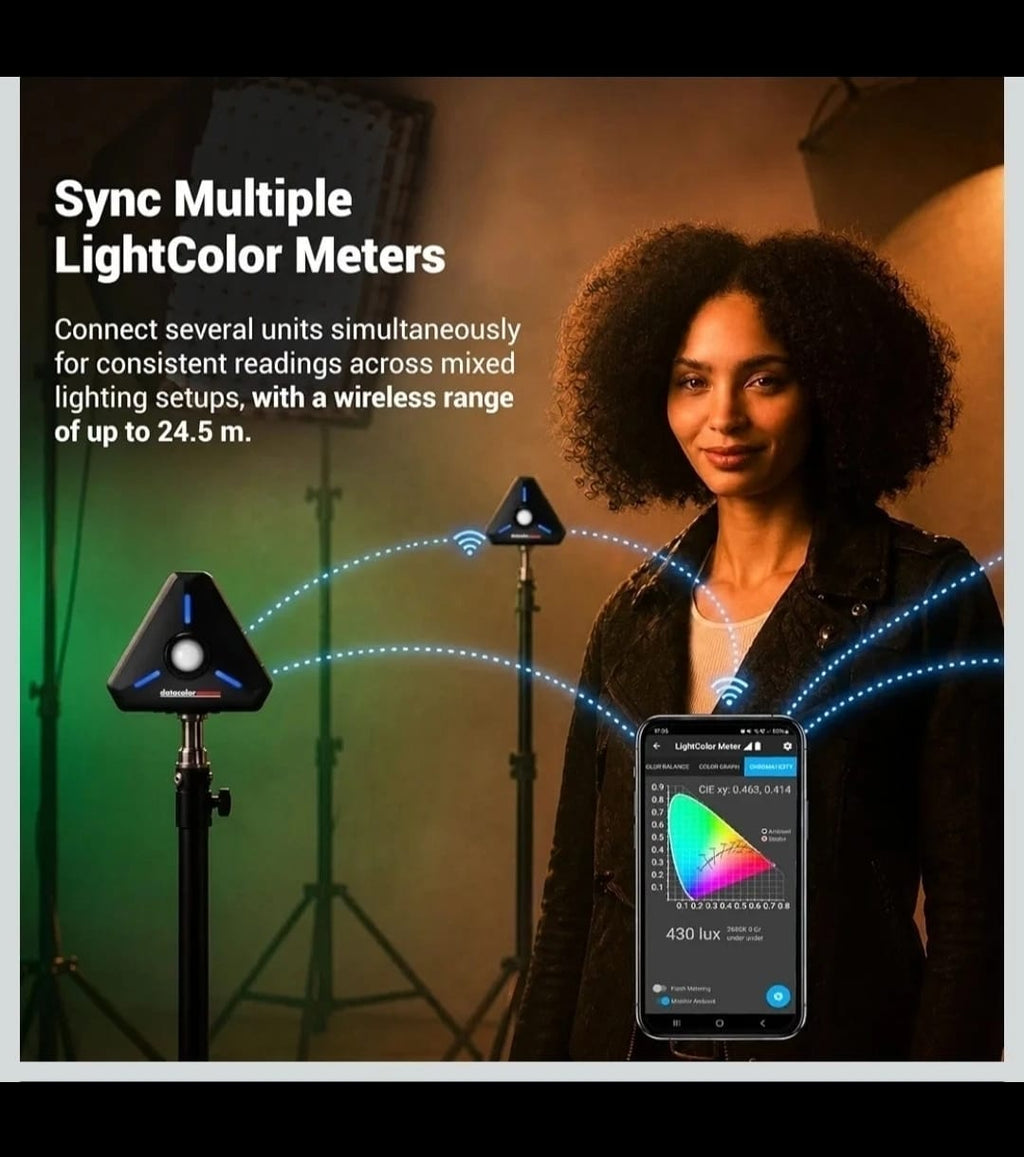 Several Datacolor LightColor Meters on stands syncing wirelessly to one smartphone app for multi-light setups