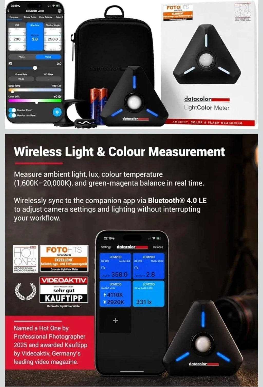 Datacolor LightColor Meter wireless light and colour measurement: lux, colour temperature 1,600-20,000K and green-magenta balance in the app