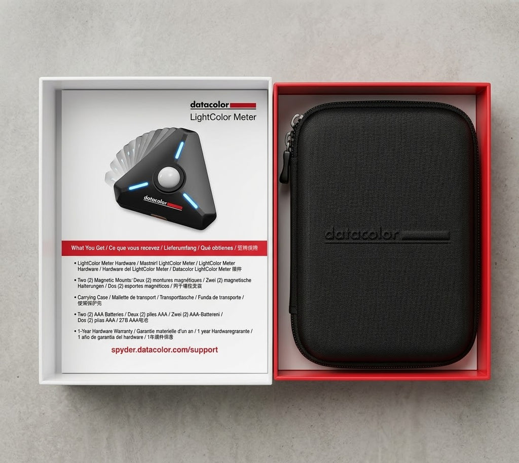 Datacolor LightColor Meter LCM200 retail box opened, showing the hard zip carry case and contents list