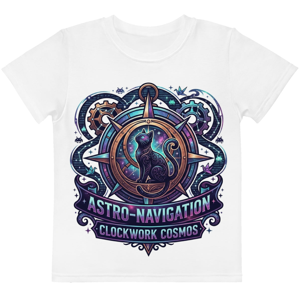 Steampunk Cosmic Black Cat Kids T-Shirt | Clockwork Cosmos Tee — product image 10