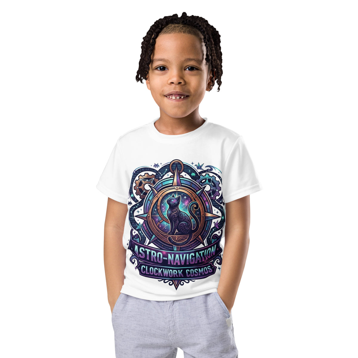 Steampunk Cosmic Black Cat Kids T-Shirt | Clockwork Cosmos Tee — product image 3