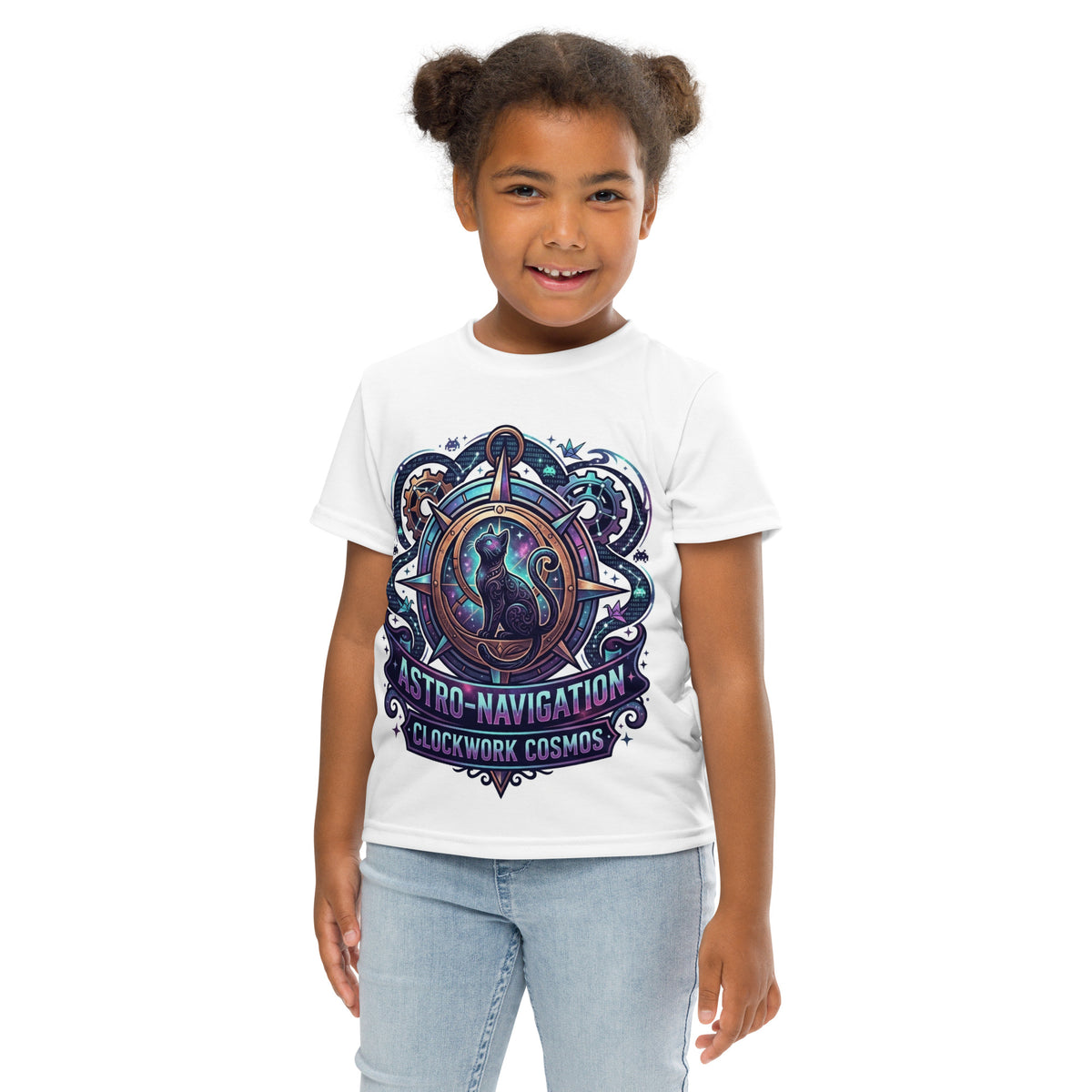 Steampunk Cosmic Black Cat Kids T-Shirt | Clockwork Cosmos Tee — product image 6