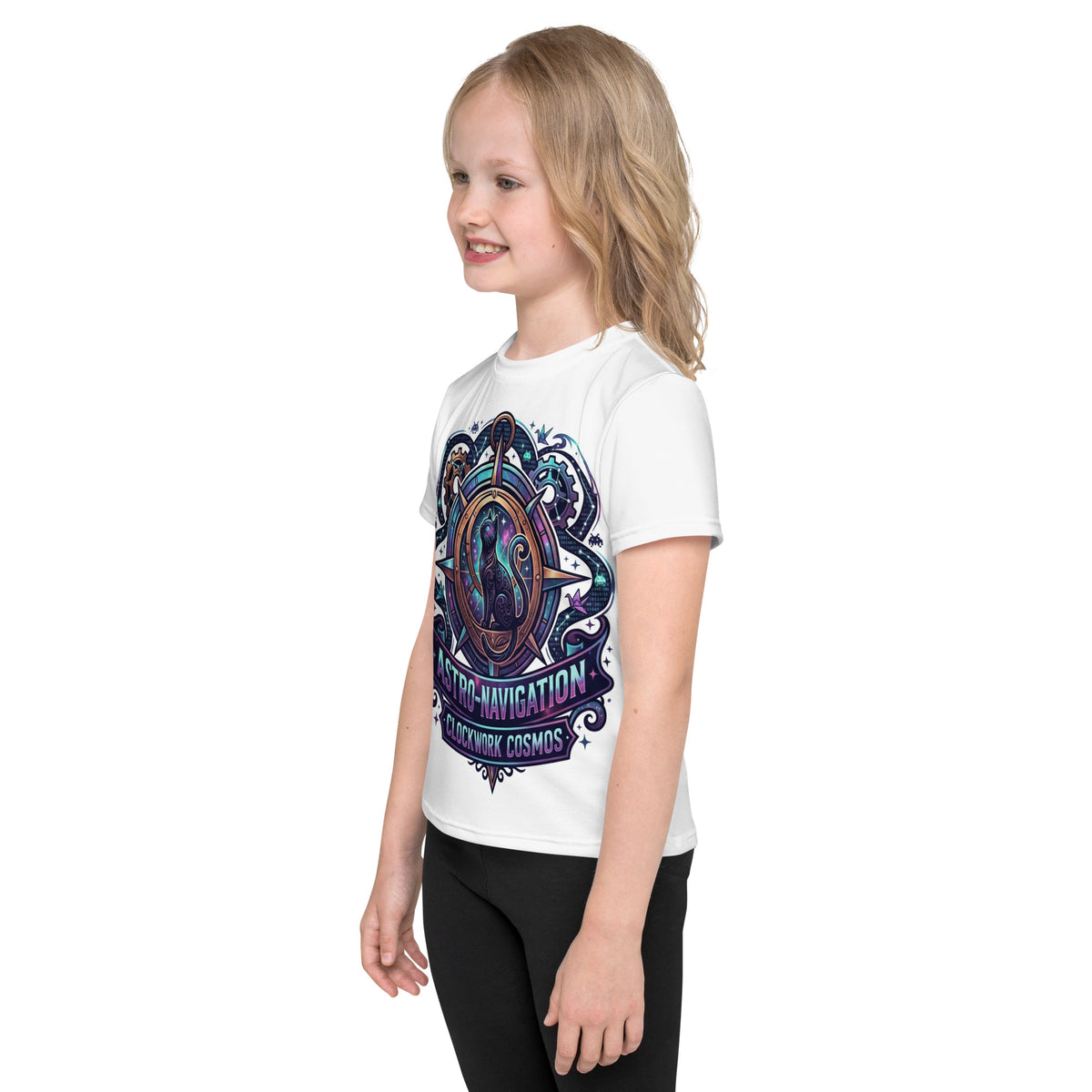 Steampunk Cosmic Black Cat Kids T-Shirt | Clockwork Cosmos Tee — product image 14