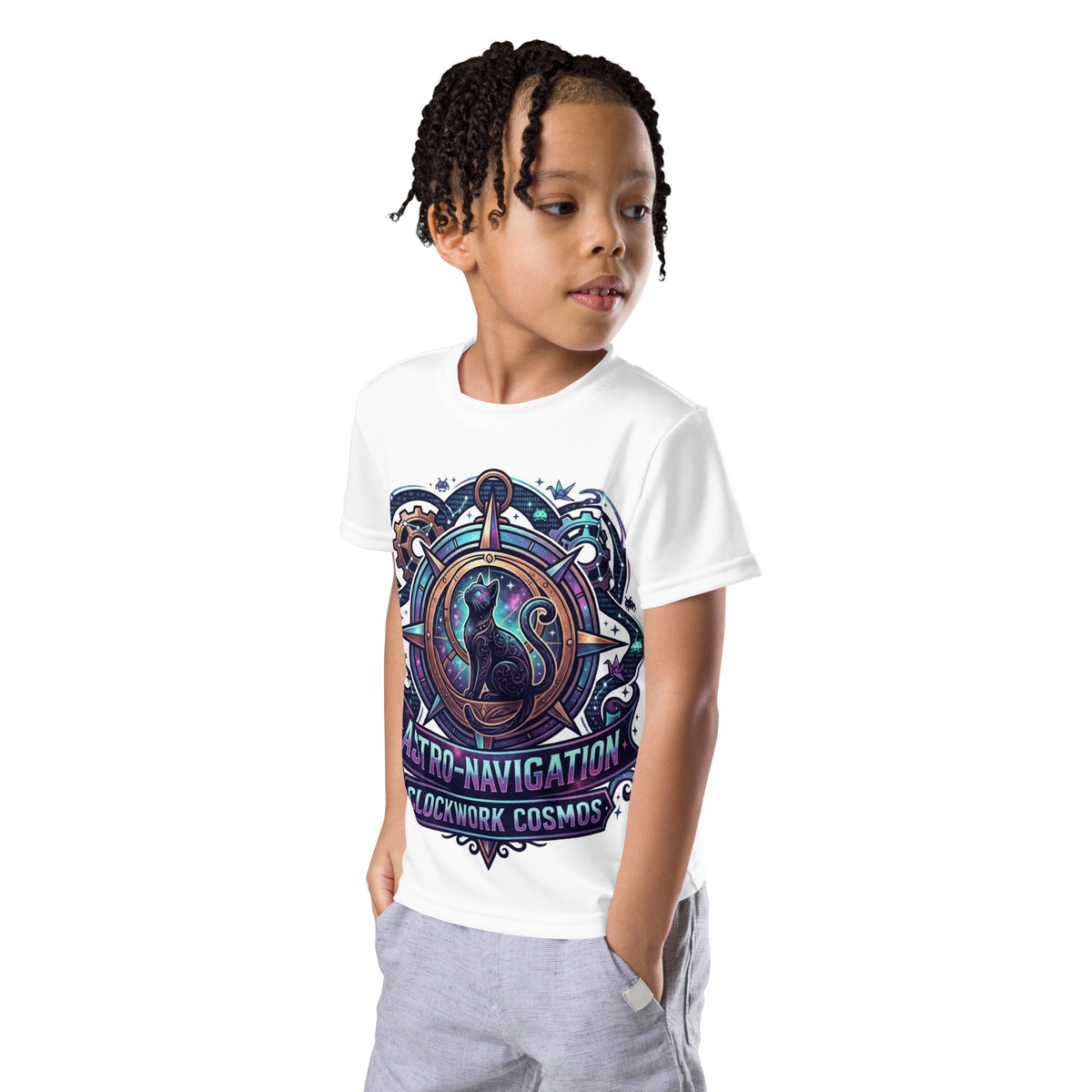 Steampunk Cosmic Black Cat Kids T-Shirt | Clockwork Cosmos Tee — product image 5