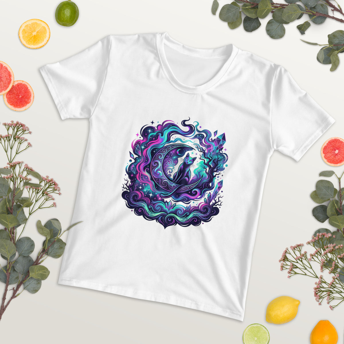 Neon Cosmic Black Cat T-Shirt | Celestial Gothic Halloween Tee — product image 4