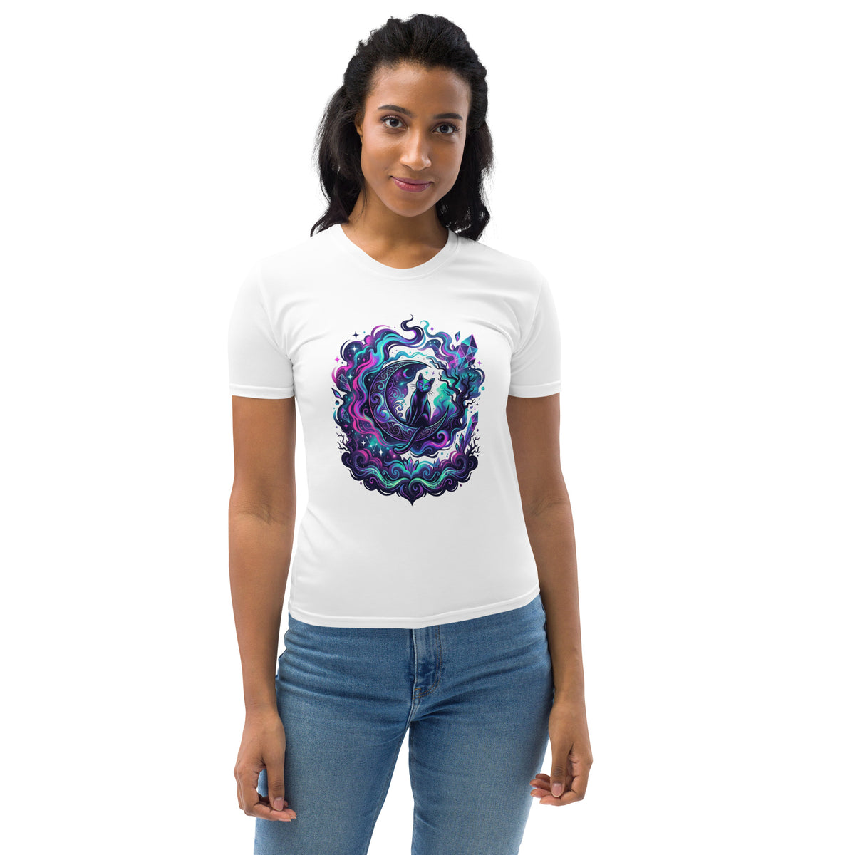 Neon Cosmic Black Cat T-Shirt | Celestial Gothic Halloween Tee — product image 7