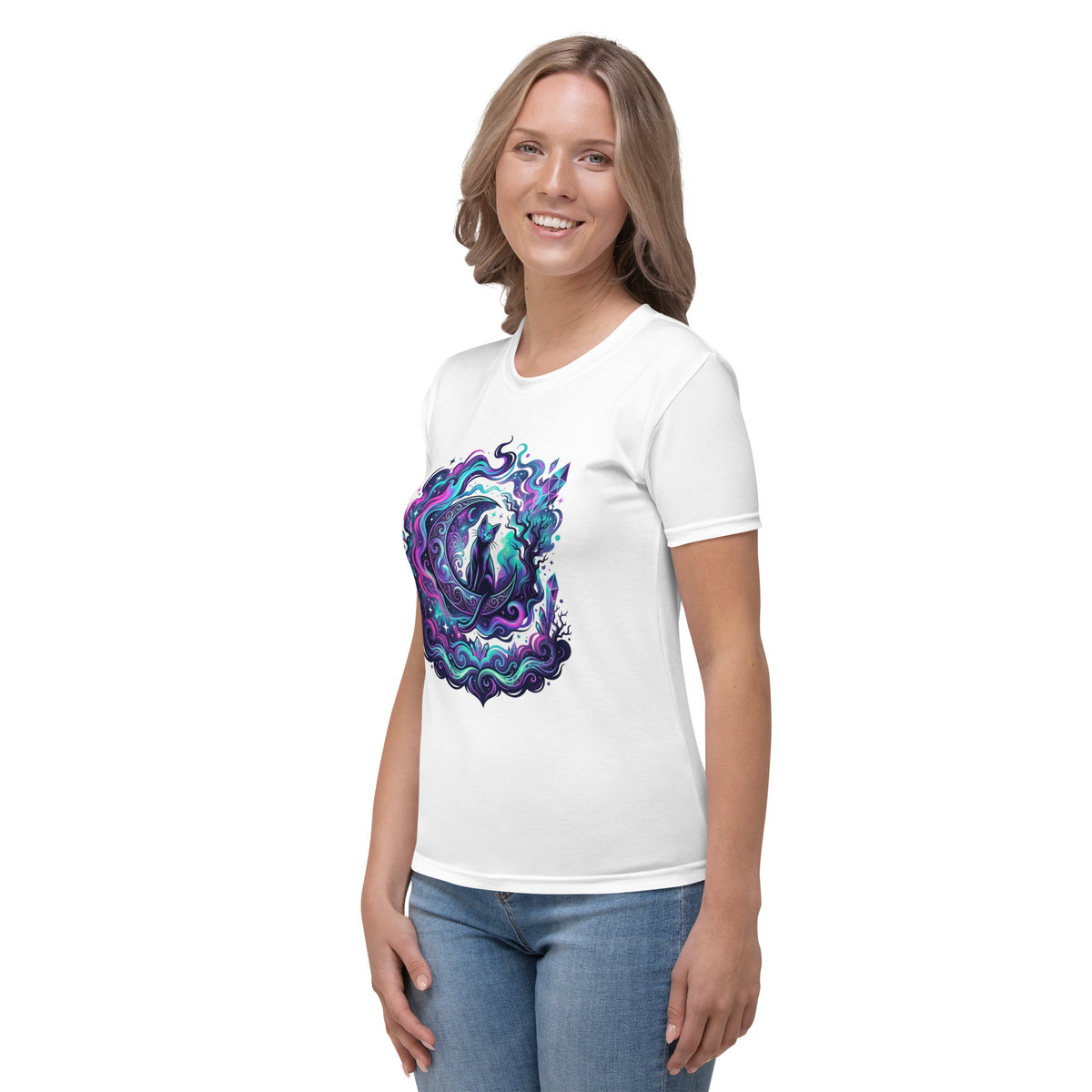 Neon Cosmic Black Cat T-Shirt | Celestial Gothic Halloween Tee — product image 13