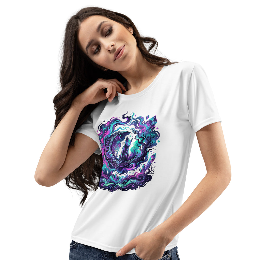 Neon Cosmic Black Cat T-Shirt | Celestial Gothic Halloween Tee — product image 1