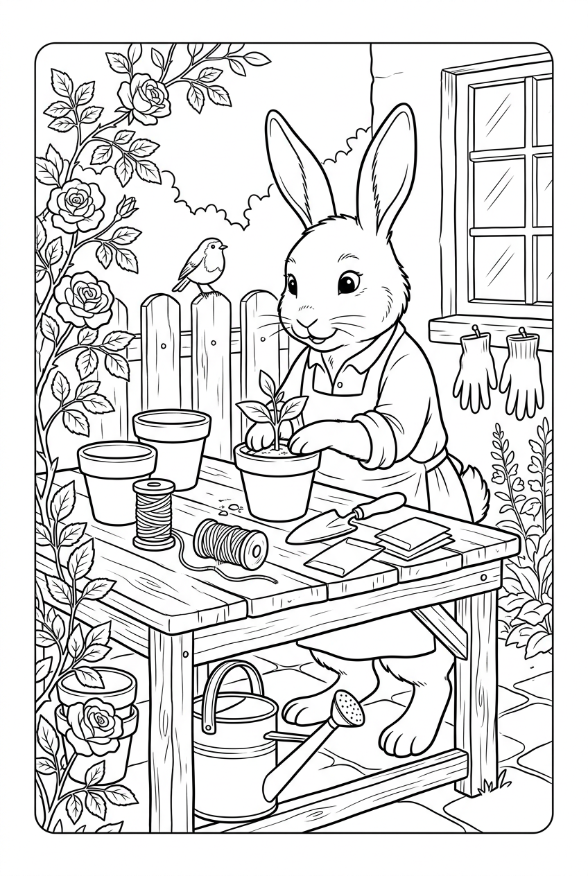 Bramble & Bloom colouring page: Rabbit’s Potting Bench