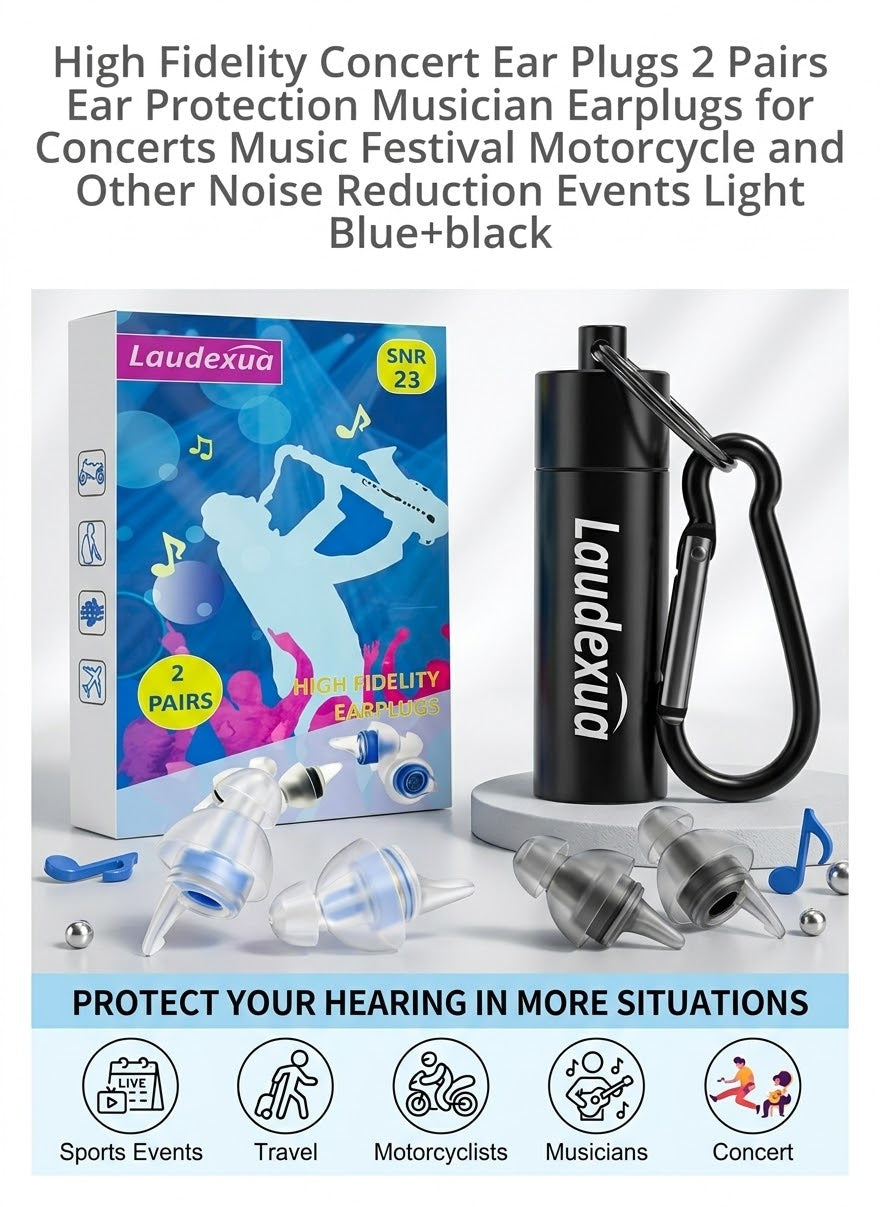 Laudexua high fidelity concert ear plugs, 2 pairs in light blue and black, with black aluminium case and carabiner