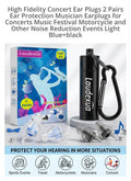 Laudexua high fidelity concert ear plugs, 2 pairs in light blue and black, with black aluminium case and carabiner