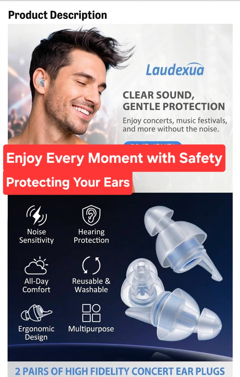 Laudexua concert ear plugs features: noise sensitivity, hearing protection, all-day comfort, reusable and washable, ergonomic design