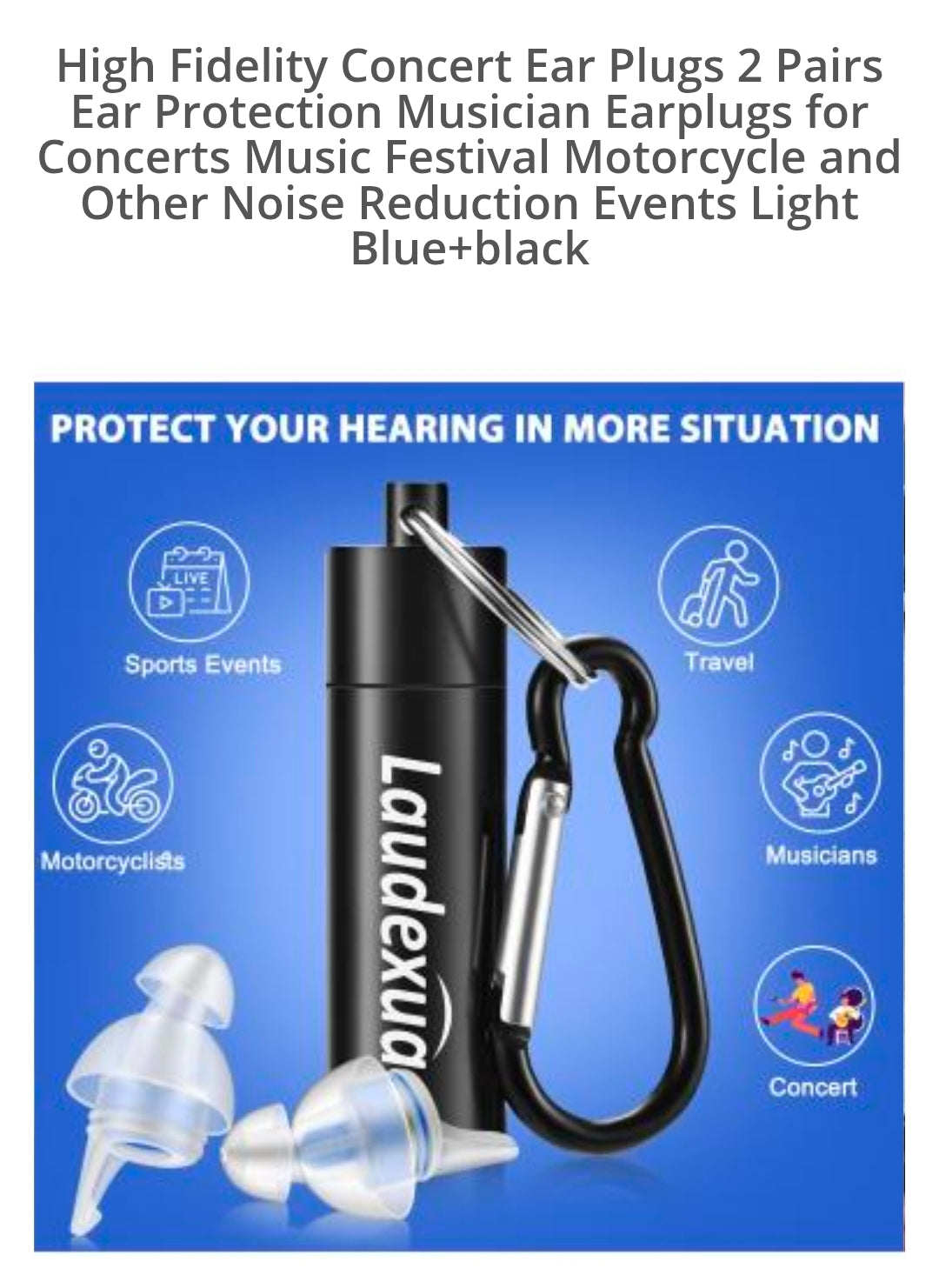 Laudexua ear plugs and aluminium carry case with carabiner for sports events, travel, motorcycling, musicians and concerts