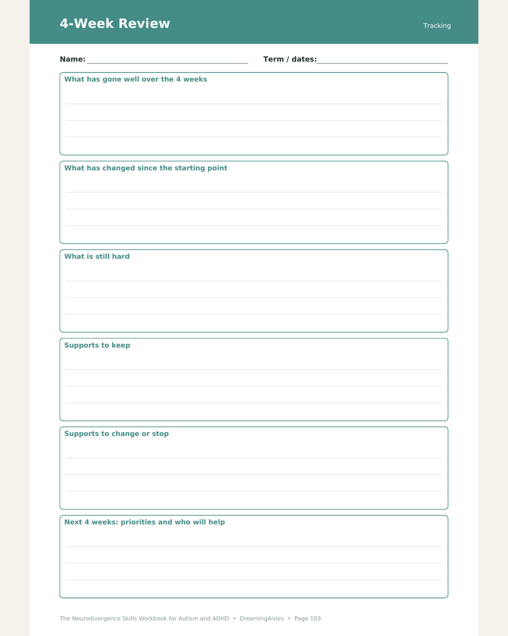 4-Week Review progress template page from the neurodivergence skills workbook