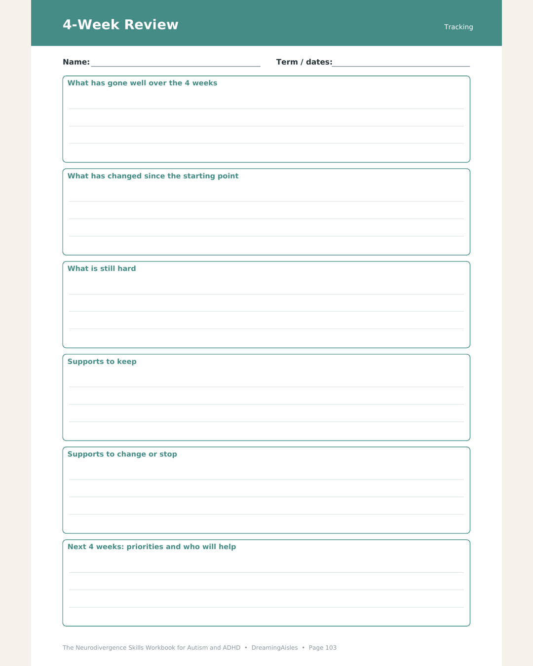 4-Week Review progress template page from the neurodivergence skills workbook