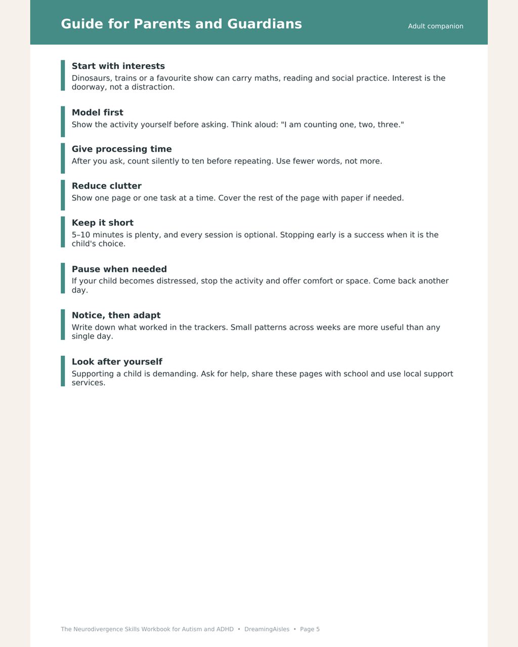 Guide for Parents and Guardians page from the autism and ADHD skills workbook