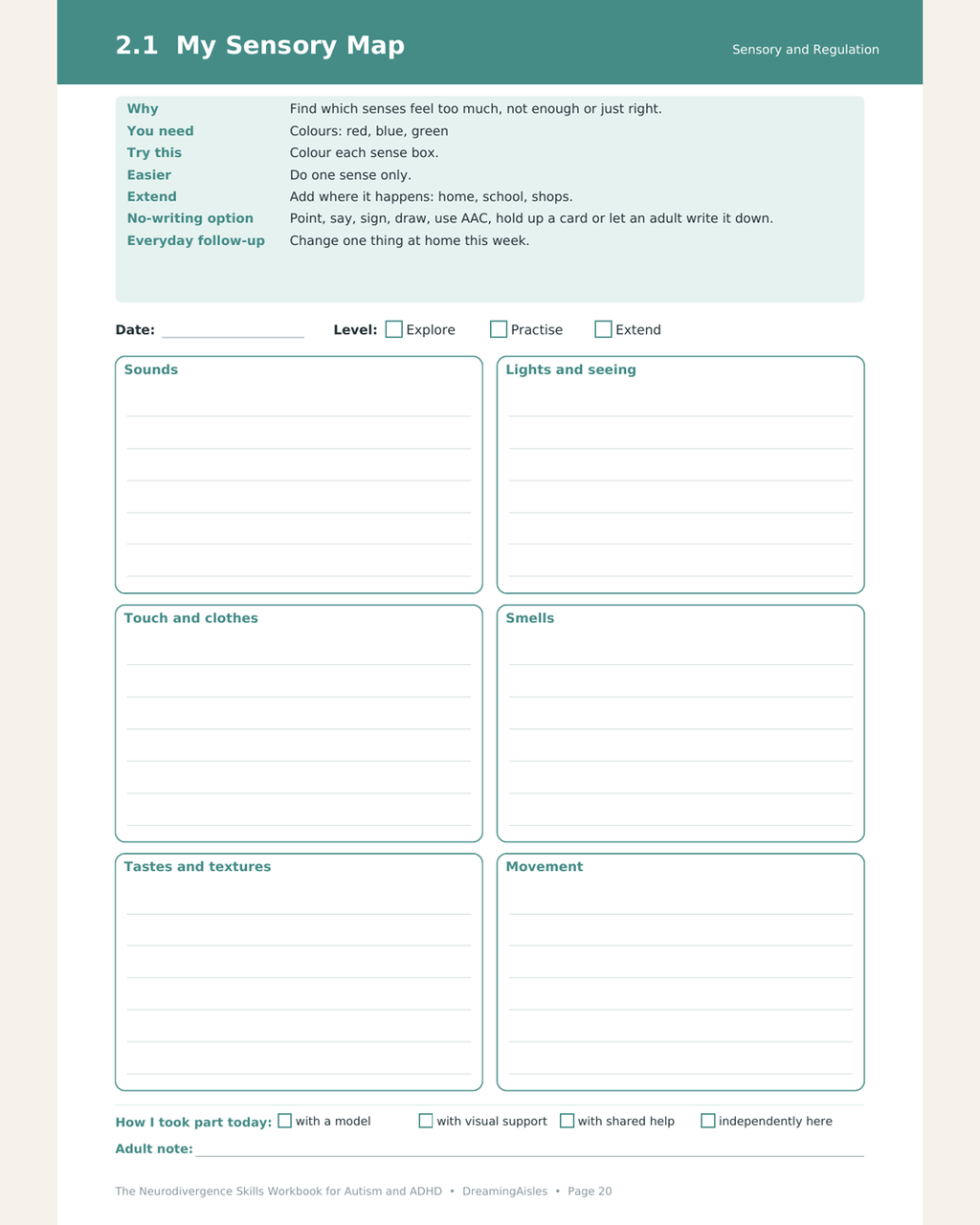 My Sensory Map fillable activity page for sounds, lights, touch, smells, tastes and movement