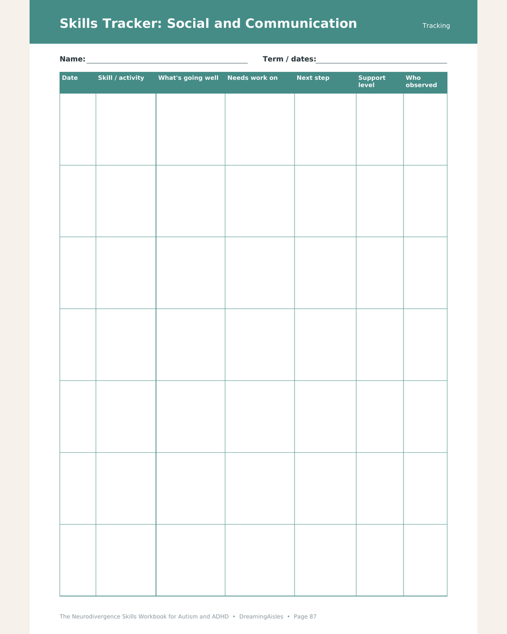 Social and communication skills tracker page for parents and teachers