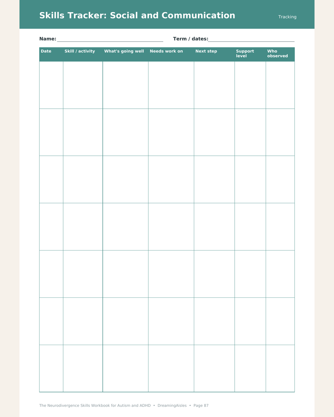 Social and communication skills tracker page for parents and teachers