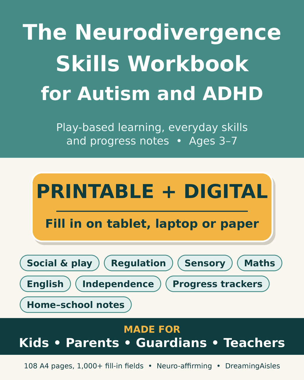 The Neurodivergence Skills Workbook for Autism and ADHD cover – fillable and printable A4 PDF, ages 3–7