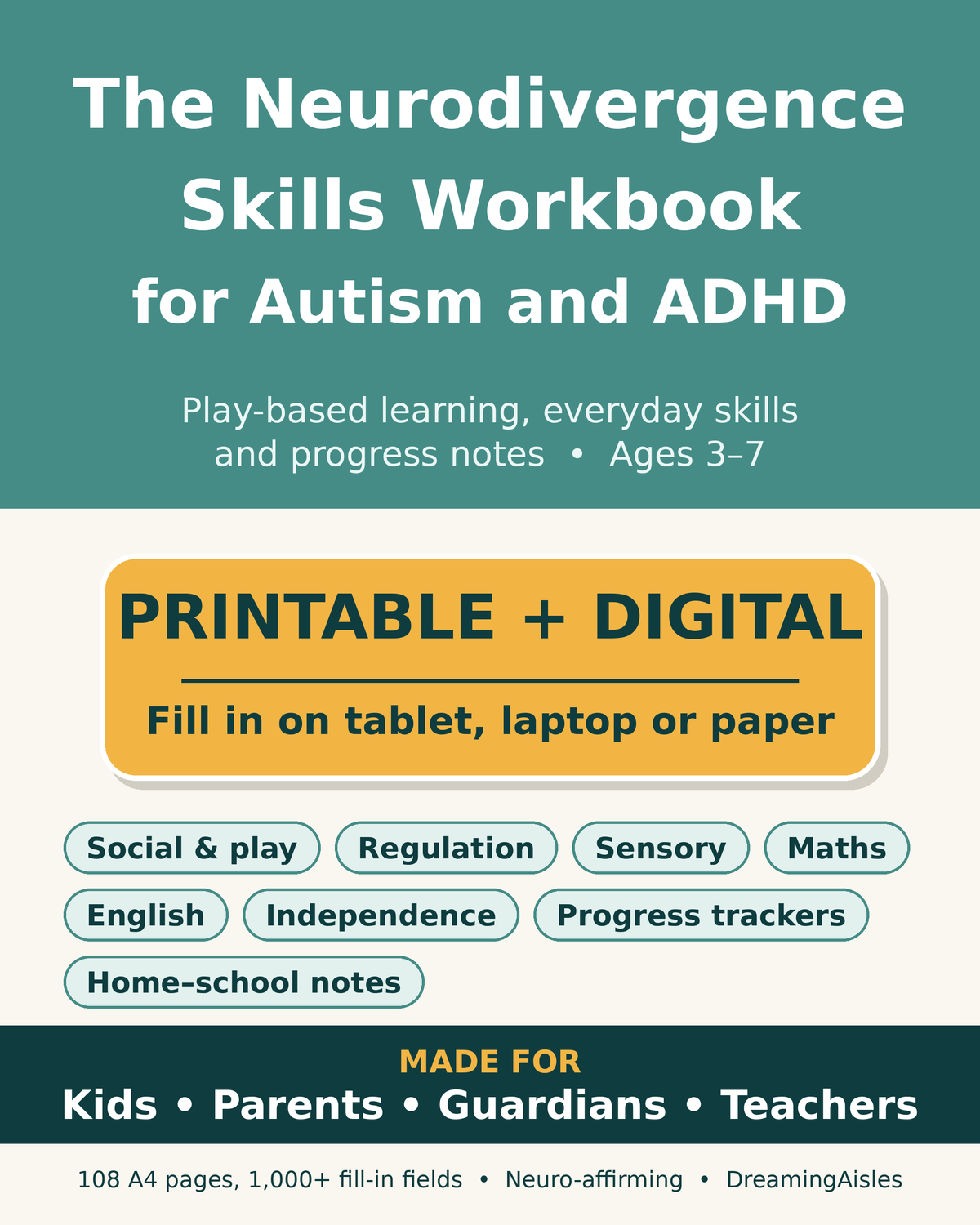 The Neurodivergence Skills Workbook for Autism and ADHD cover – fillable and printable A4 PDF, ages 3–7