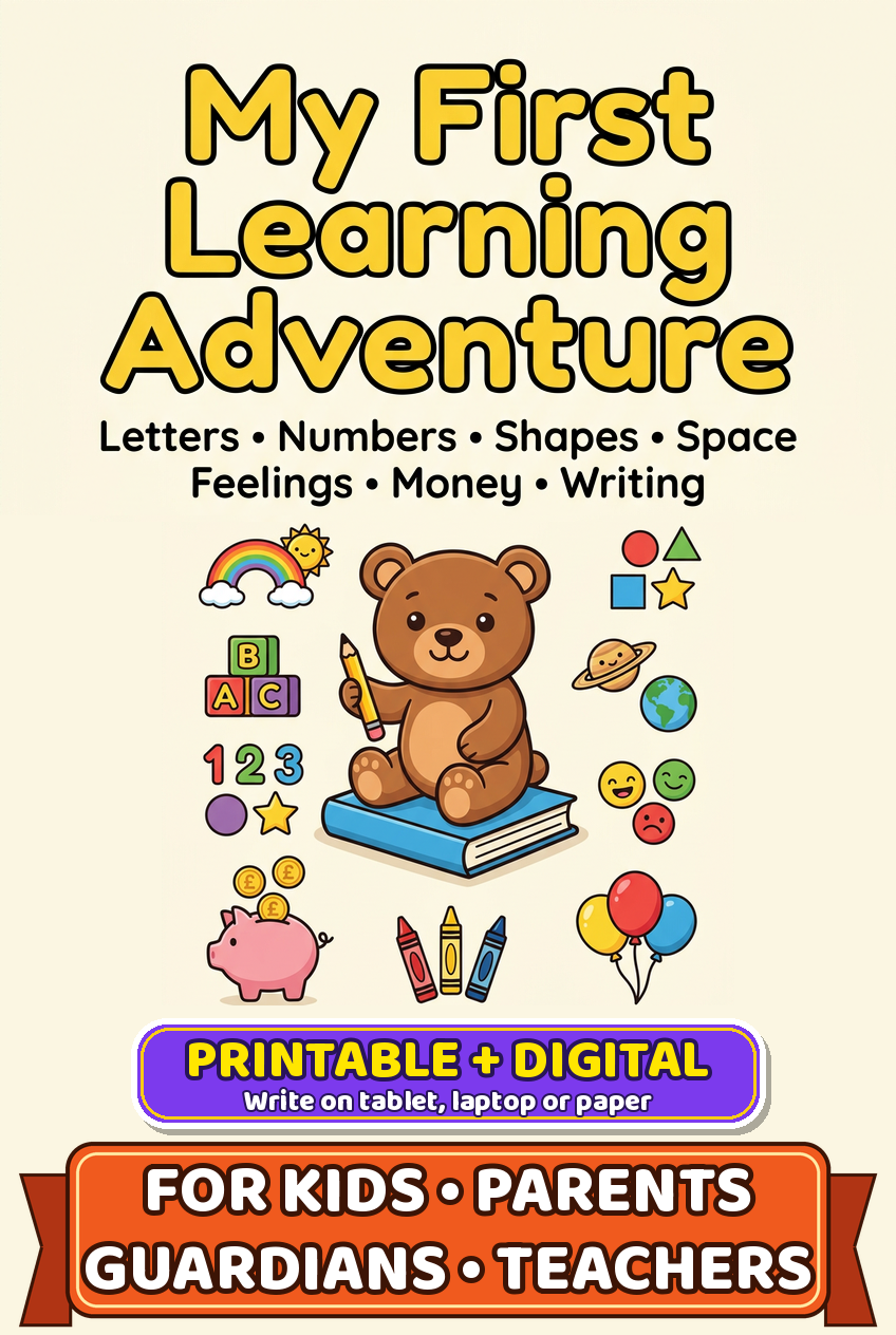 My First Learning Adventure printable and digital fillable preschool workbook cover for kids, parents, guardians and teachers