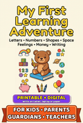 My First Learning Adventure printable and digital fillable preschool workbook cover for kids, parents, guardians and teachers