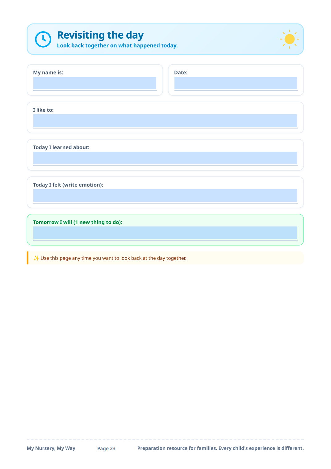Starting nursery printable kit page 23: revisiting the day
