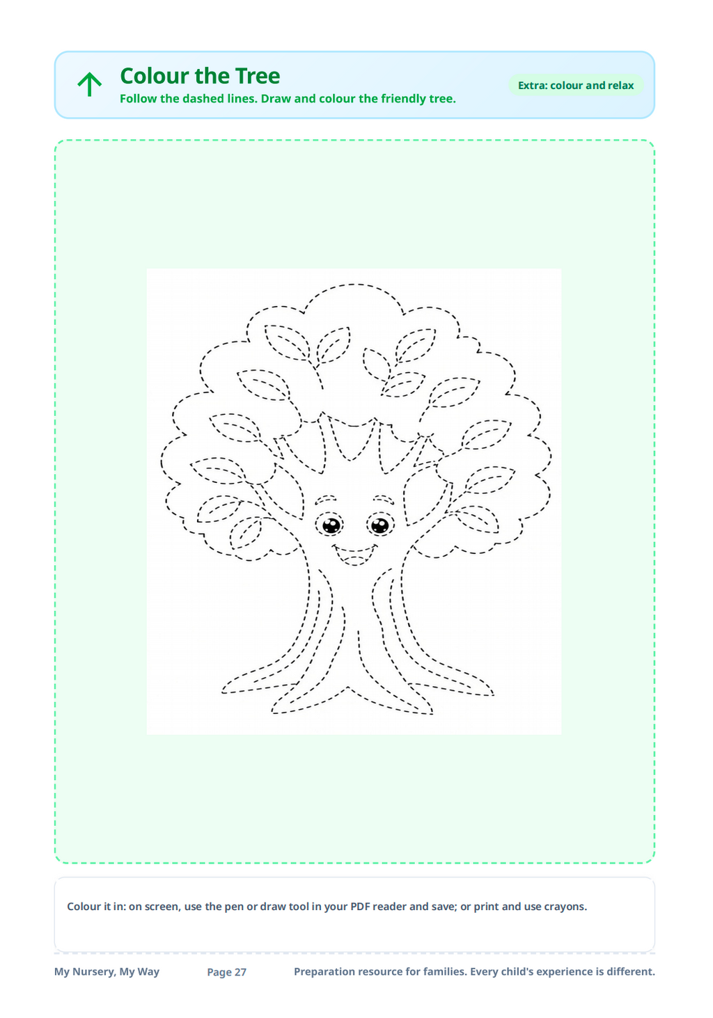 Starting nursery printable kit page 27: colour the tree