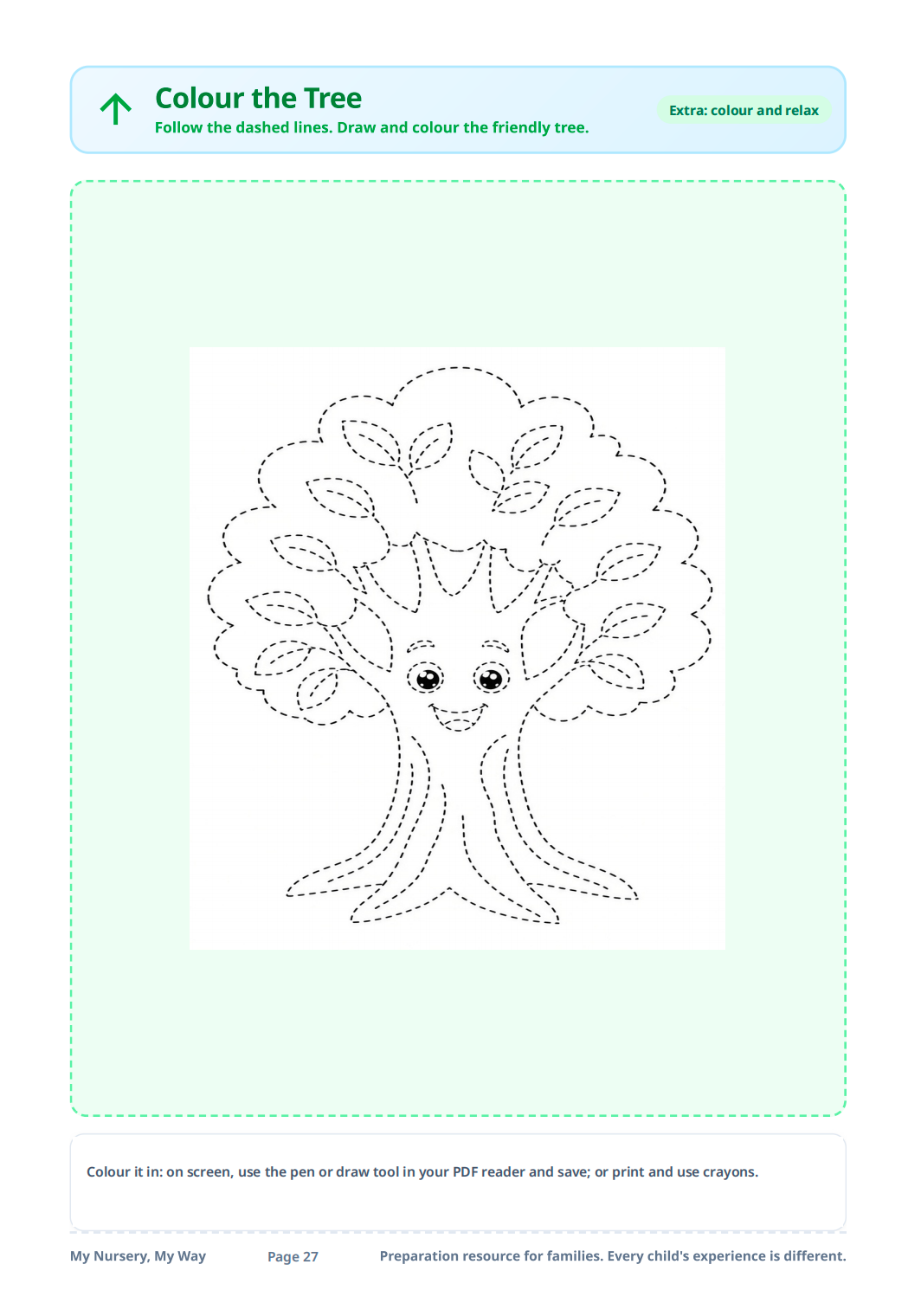 Starting nursery printable kit page 27: colour the tree