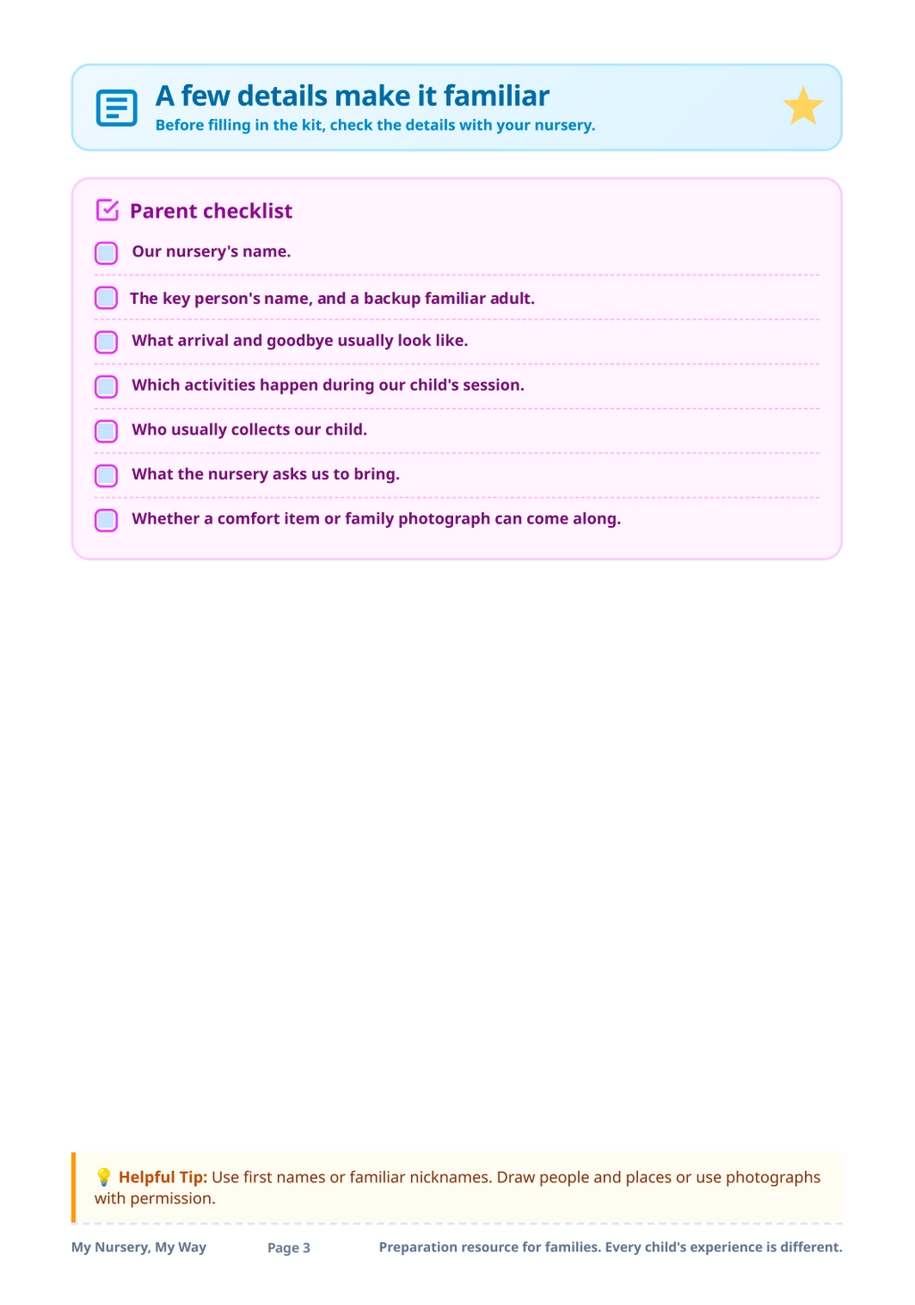 Starting nursery printable kit page 3: parent checklist