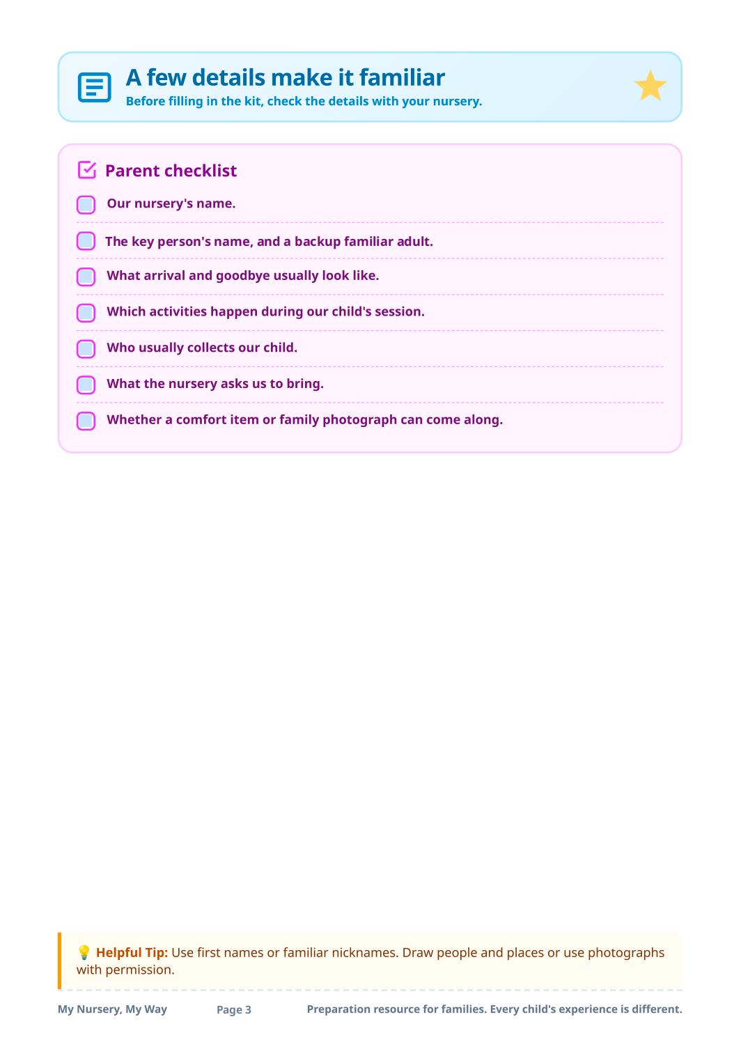 Starting nursery printable kit page 3: parent checklist