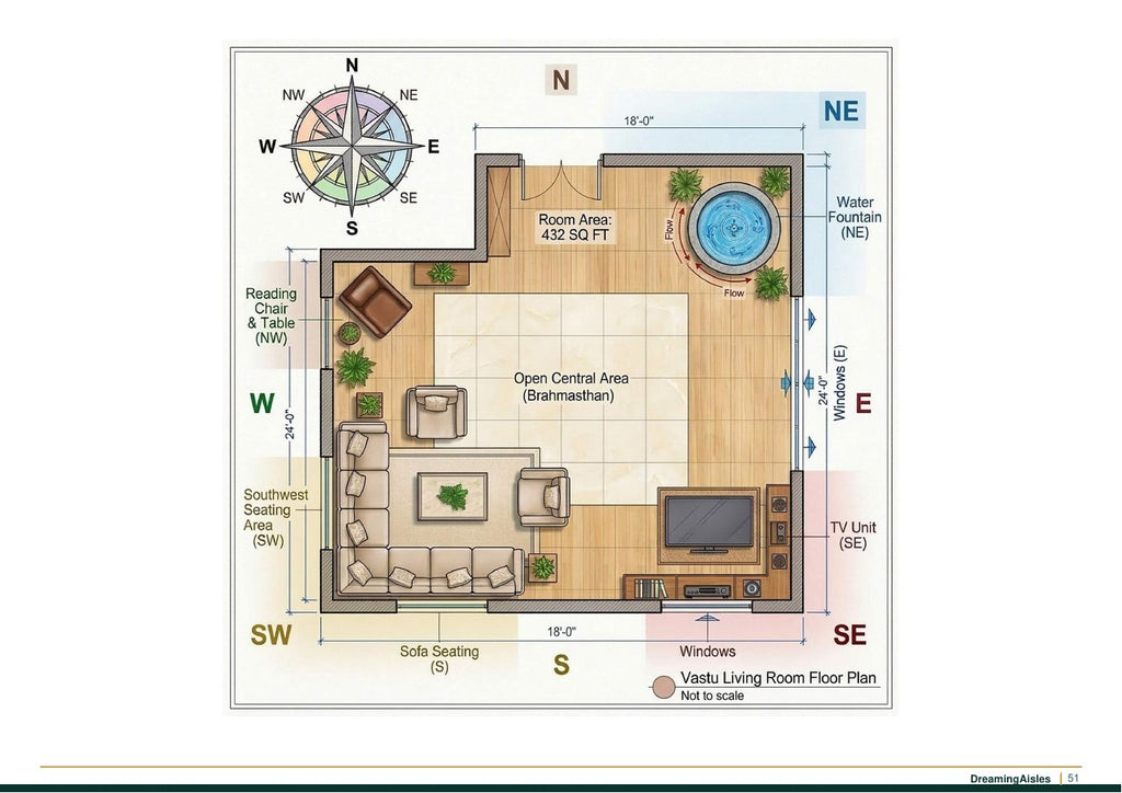 Vastu living room floor plan example with directional zones