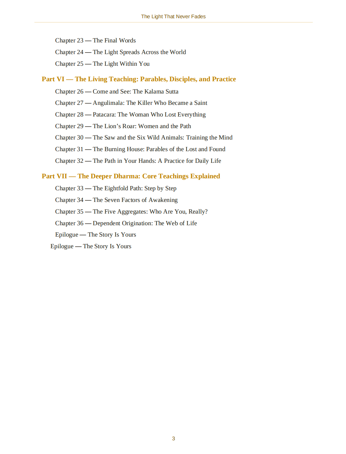 Contents continued — end of Part V (chapters 23–25), Parts VI and VII (chapters 26–36) and Epilogue: The Story Is Yours