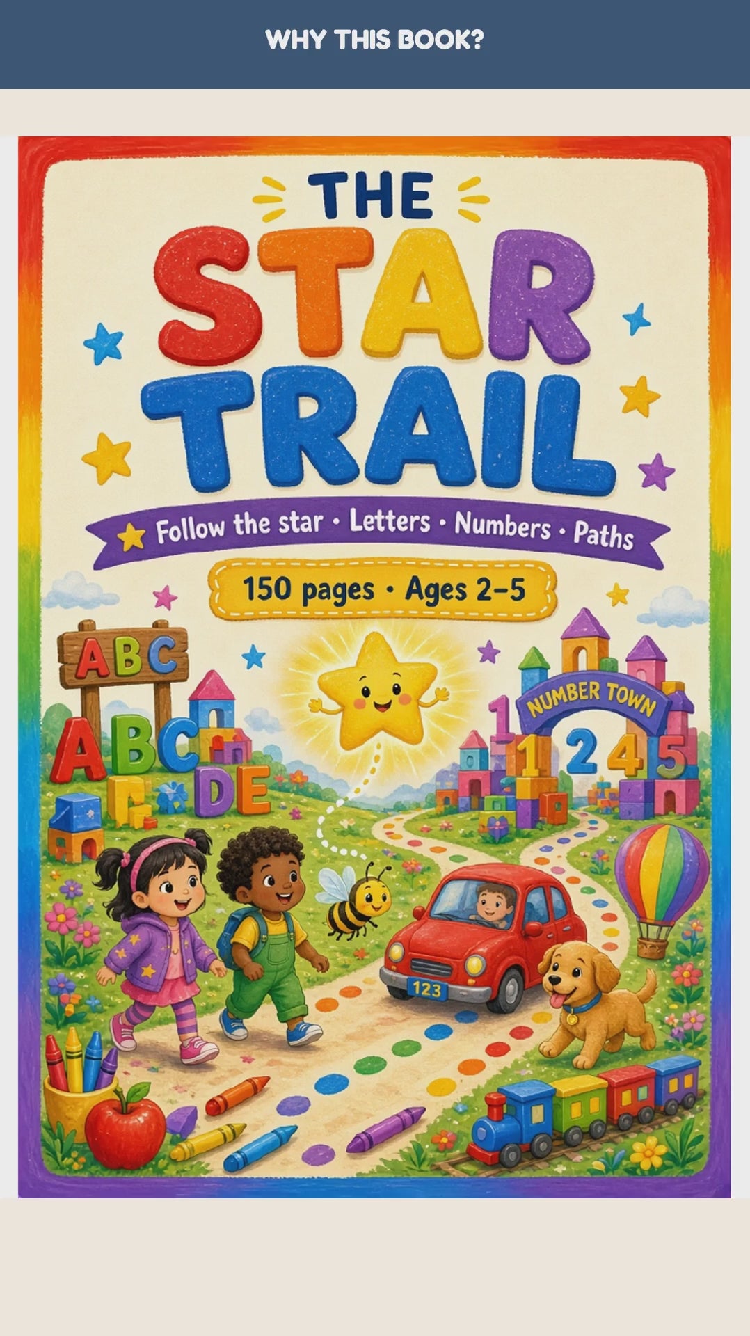 Video preview of Star Trail printable toddler learning workbook pages: pre-writing paths, letters, numbers and puzzles