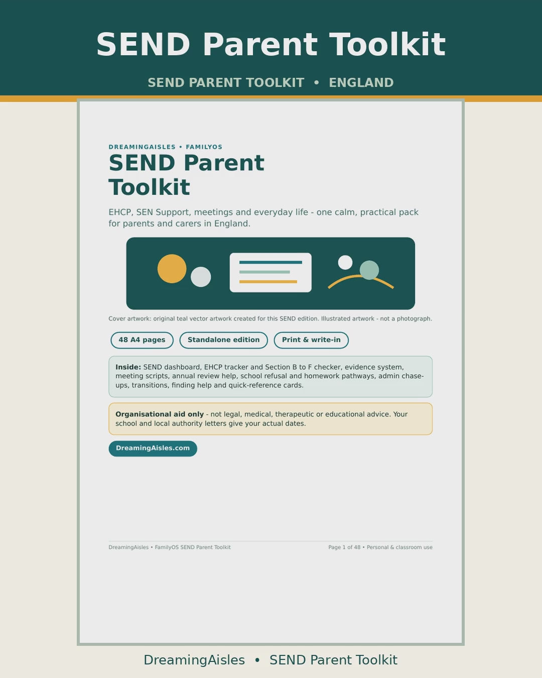 Video preview flicking through SEND Parent Toolkit pages: EHCP tracker, Section B to F checker, evidence log and meeting planner