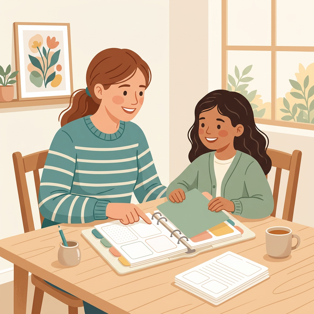 Illustration of a parent and child at a table using a tabbed ring-binder planner – FamilyOS SEND Parent Toolkit printable PDF
