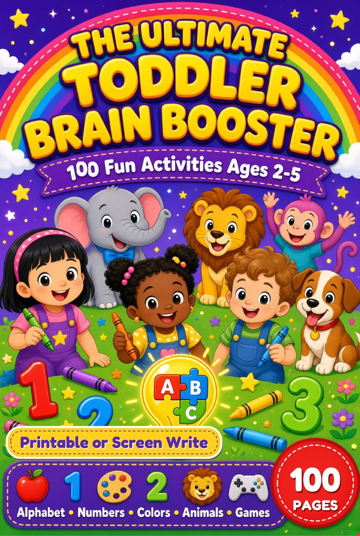 The Ultimate Toddler Brain Booster 100-page printable or screen-write toddler workbook ages 2-5
